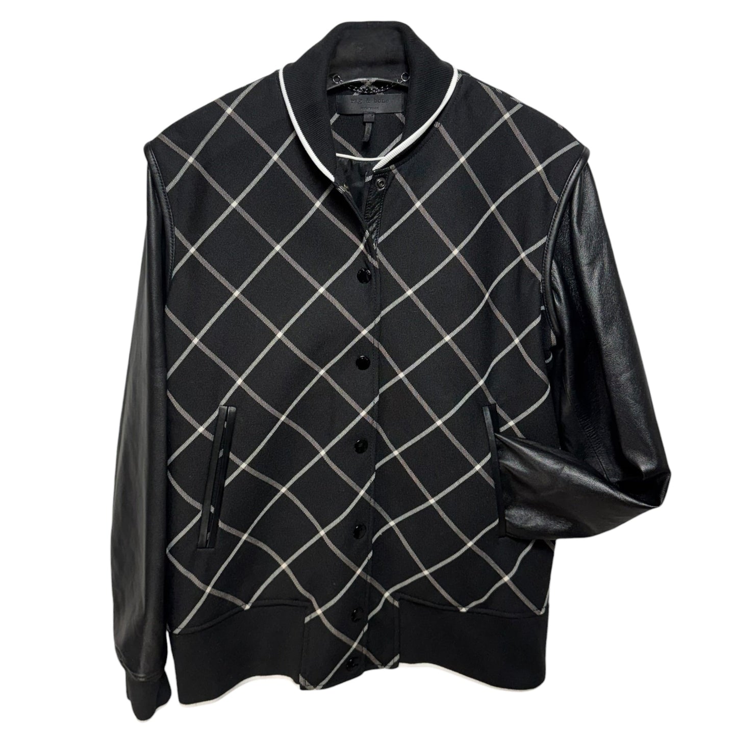 Edith' Windowpane Check Leather Sleeve Bomber Jacket By Rag And Bone In Black & White, Size: 0