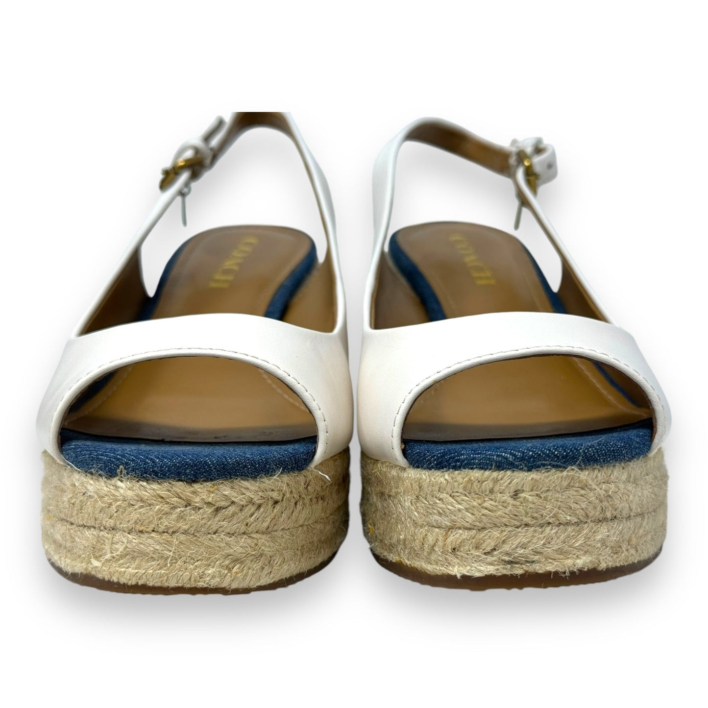 Hadley Espadrille Wedge Sandals Designer By Coach In Semi Mat Calf/Chalk Med Wash Denim, Size: 8