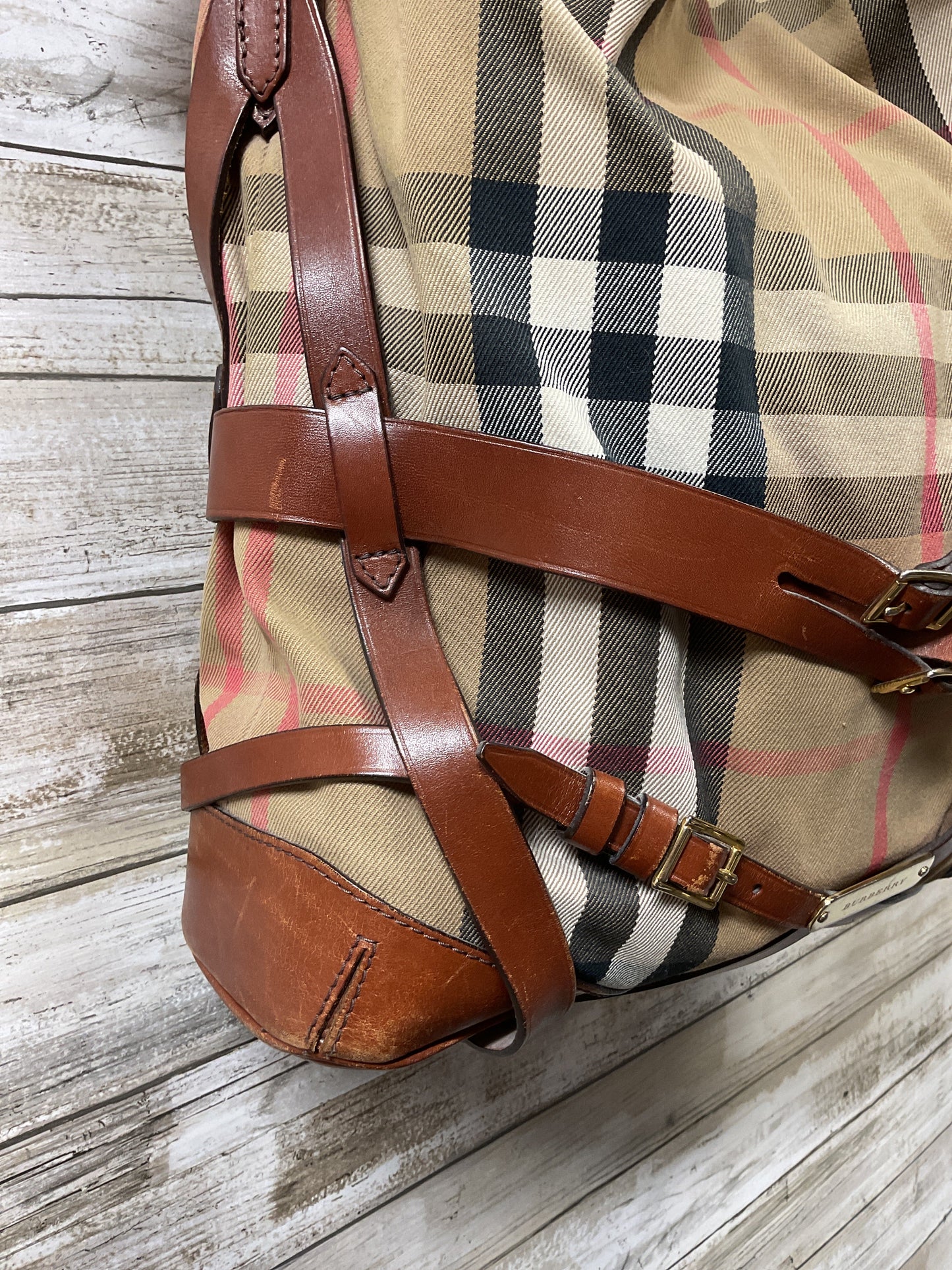 Handbag Luxury Designer By Burberry In Plaid Pattern, Size:Large