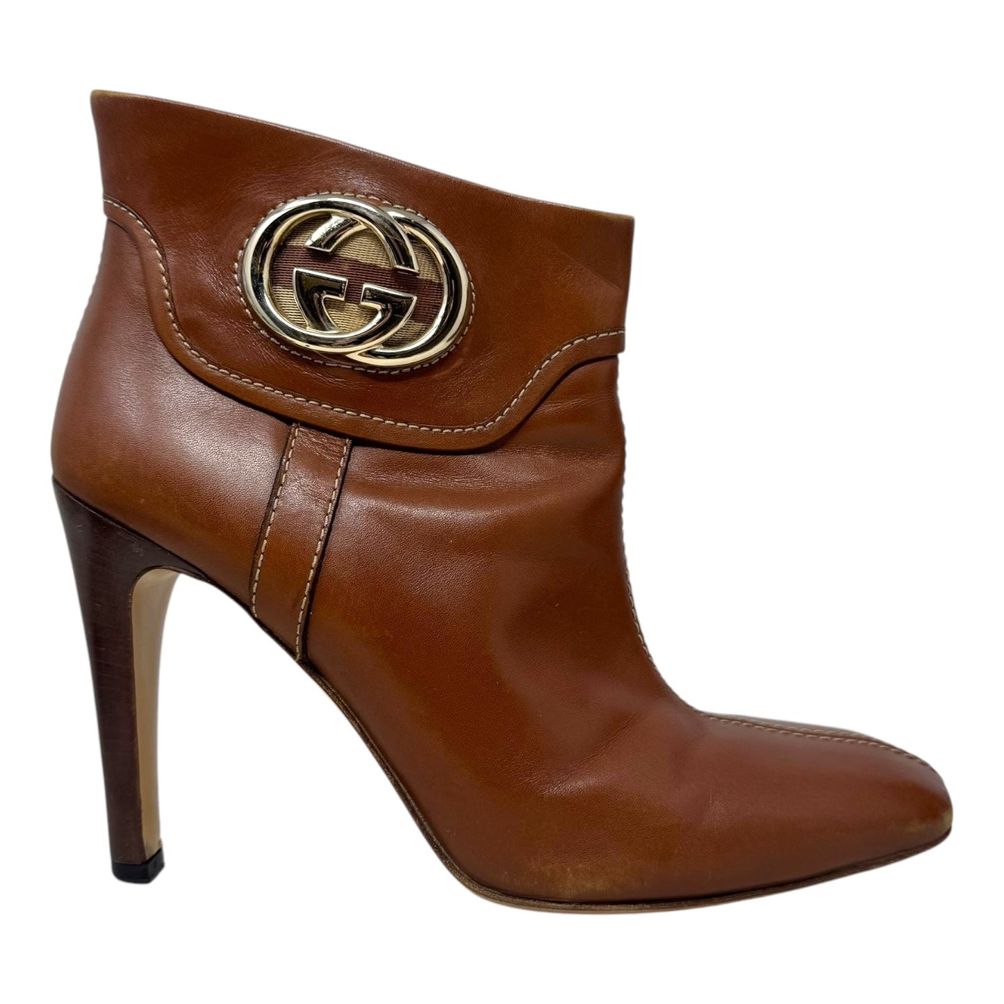 GG Logo Heeled Ankle Booties Shoes Luxury Designer By Gucci In Brown, Size: 10