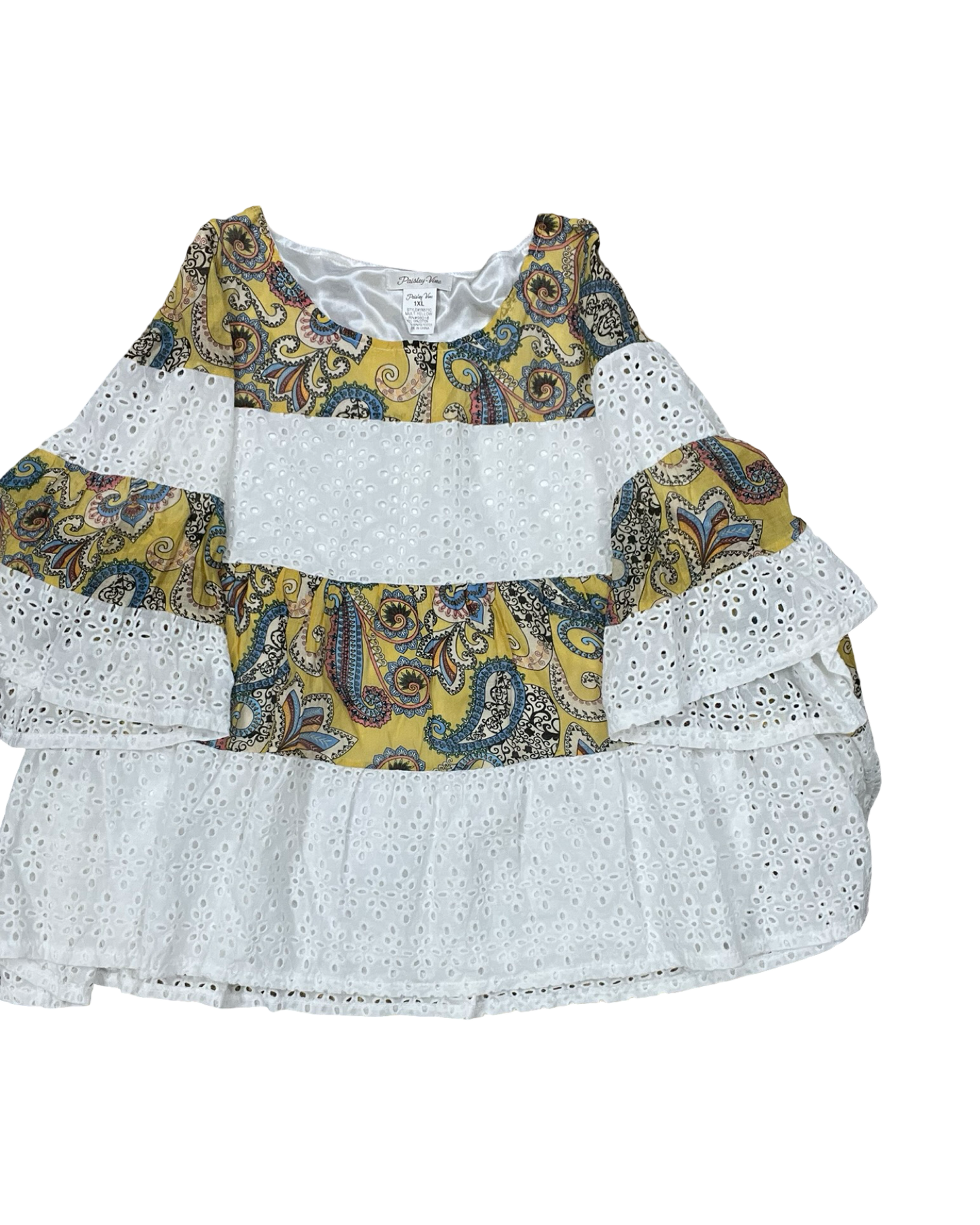 Top 3/4 Sleeve By Clothes Mentor In White & Yellow, Size:1X