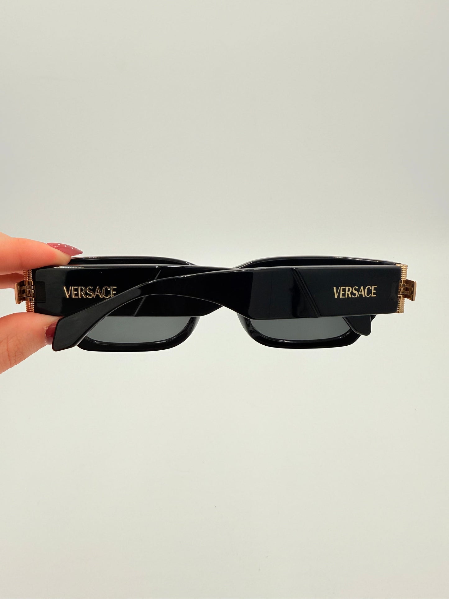 Sunglasses Luxury Designer By Versace In Black & Gold, Size:
