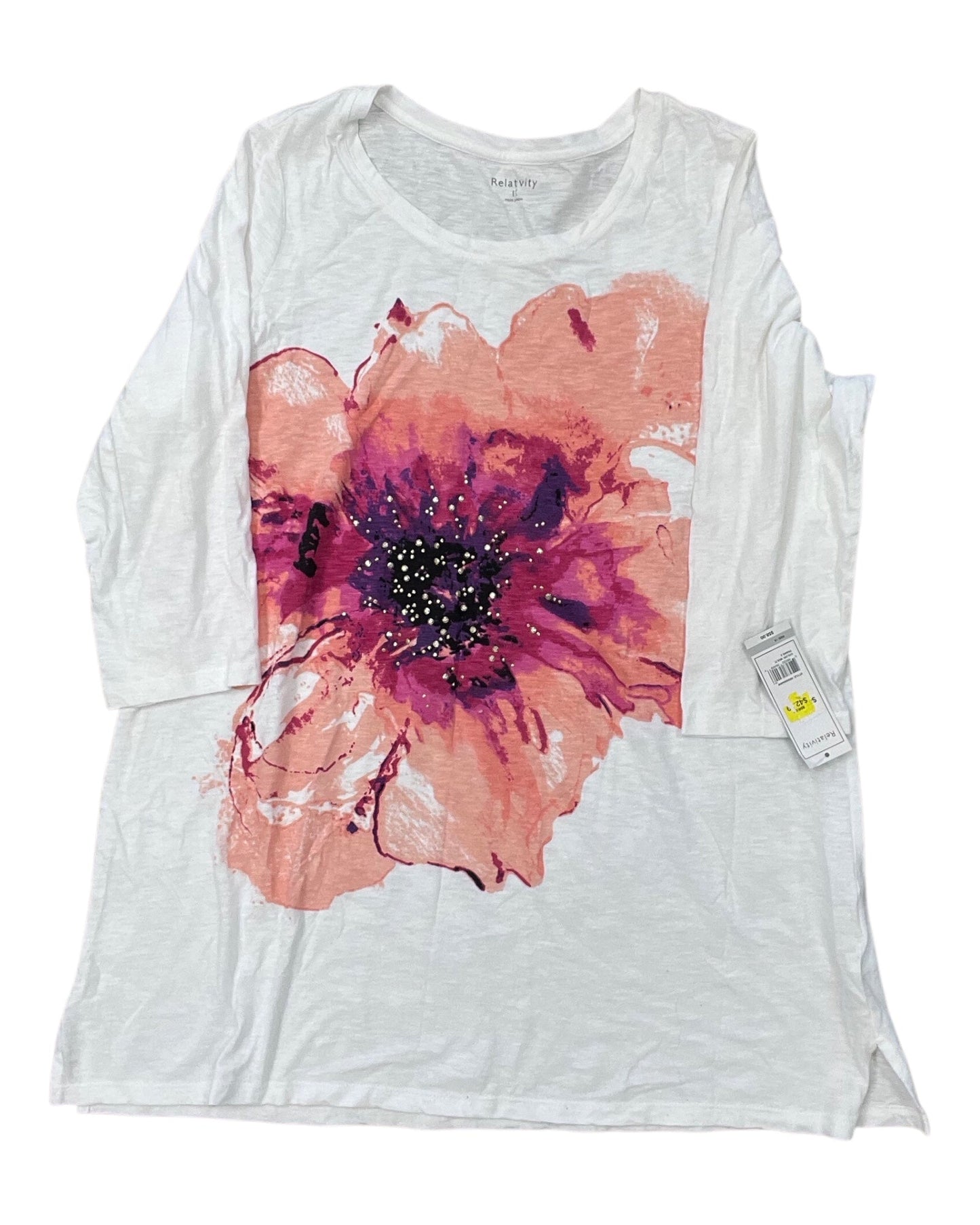 Top 3/4 Sleeve By Relativity In White, Size:1X