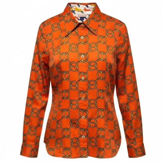 Rome Shirt By Tizzie By Dizzy Lizzie In Orange Geometric Print, Size: M