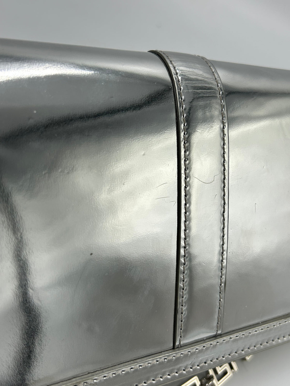 Versace Greca Metallic Luxury Designer Wallet on a Chain in Silver