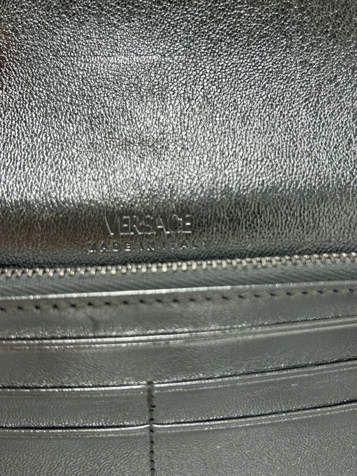 Versace Greca Metallic Luxury Designer Wallet on a Chain in Silver