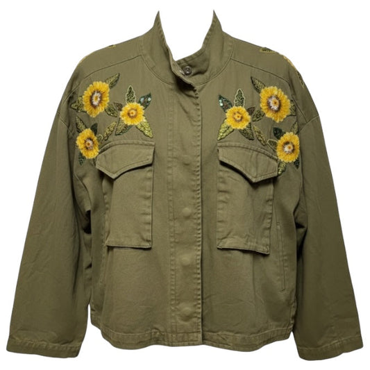 Sunflower Embroidered Utility Jacket By Mango In Green, Size: XS