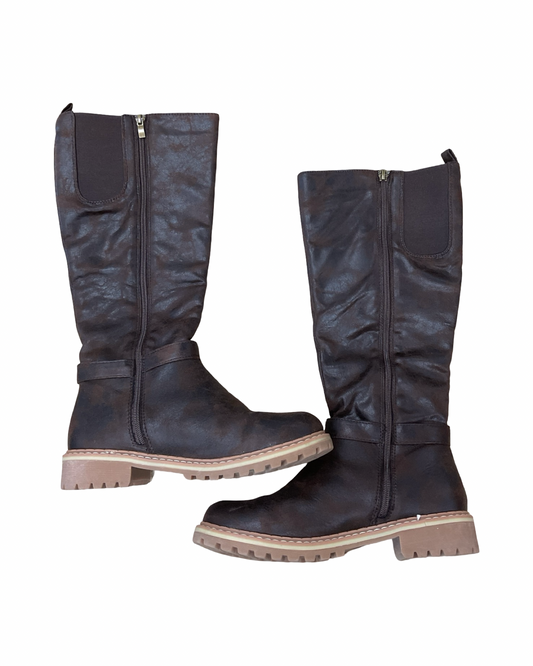 Boots Knee Heels By Clothes Mentor In Brown, Size:8