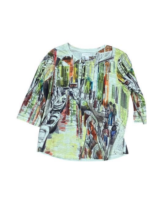 Top 3/4 Sleeve By Christopher And Banks In Green & Yellow, Size:L