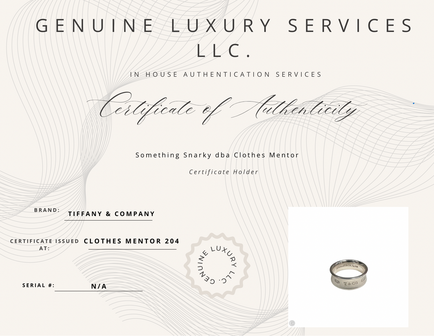 Tiffany & Company 1837 T & Co. 925 Luxury Ring, Size: 6