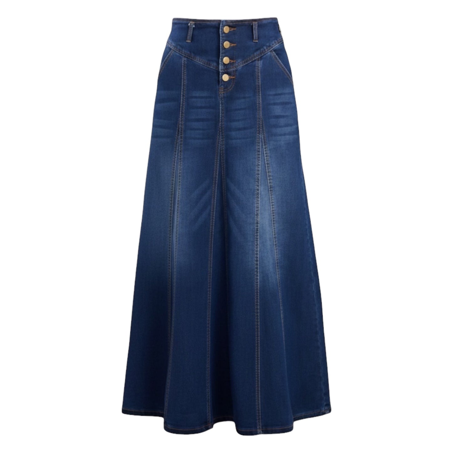 Retro Exposure Button-Fly A-Line Denim Maxi Skirt By Chartou In Blue Denim, Size: M