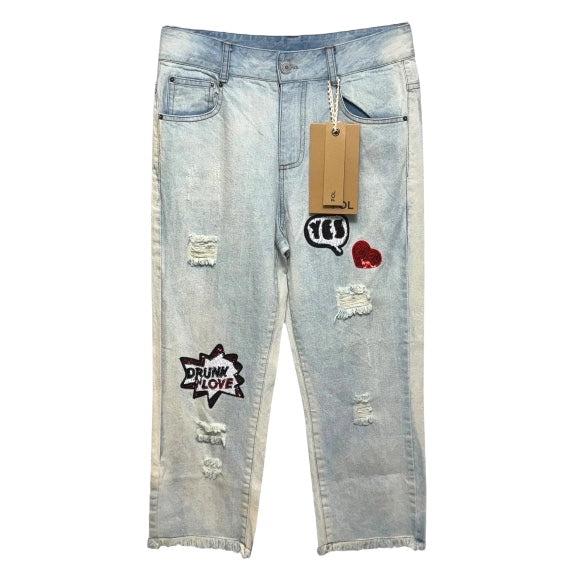 Sequin Patch Cropped Boyfriend Jeans By Pol In Blue Denim, Size: S