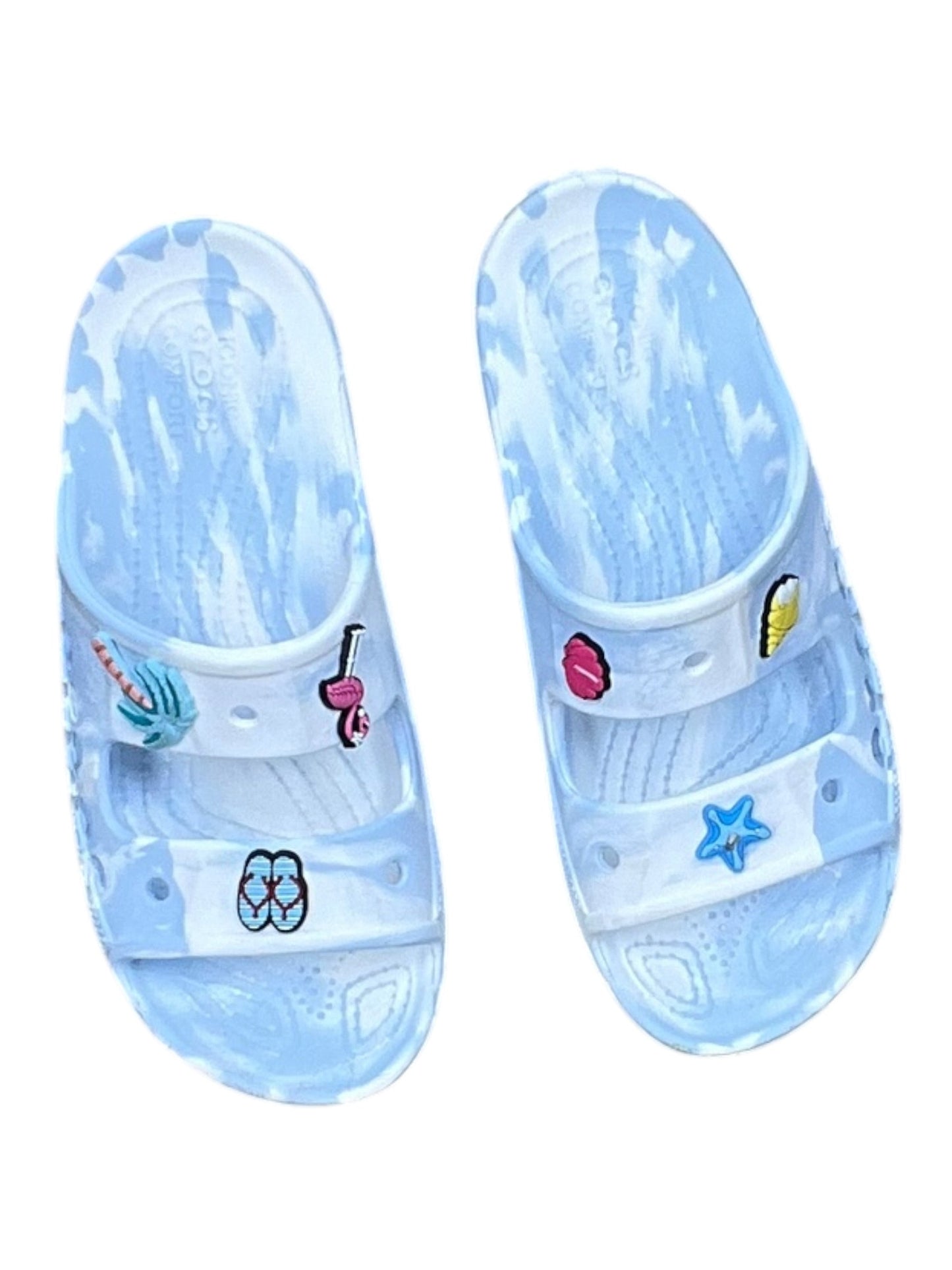 Sandals Flats By Crocs In Blue & White, Size:9