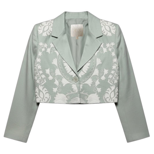 Embroidered Linen Notch Lapel Long Sleeve Button Front Cropped Coordinating Blazer By Le AL.X In Green, Size: XL
