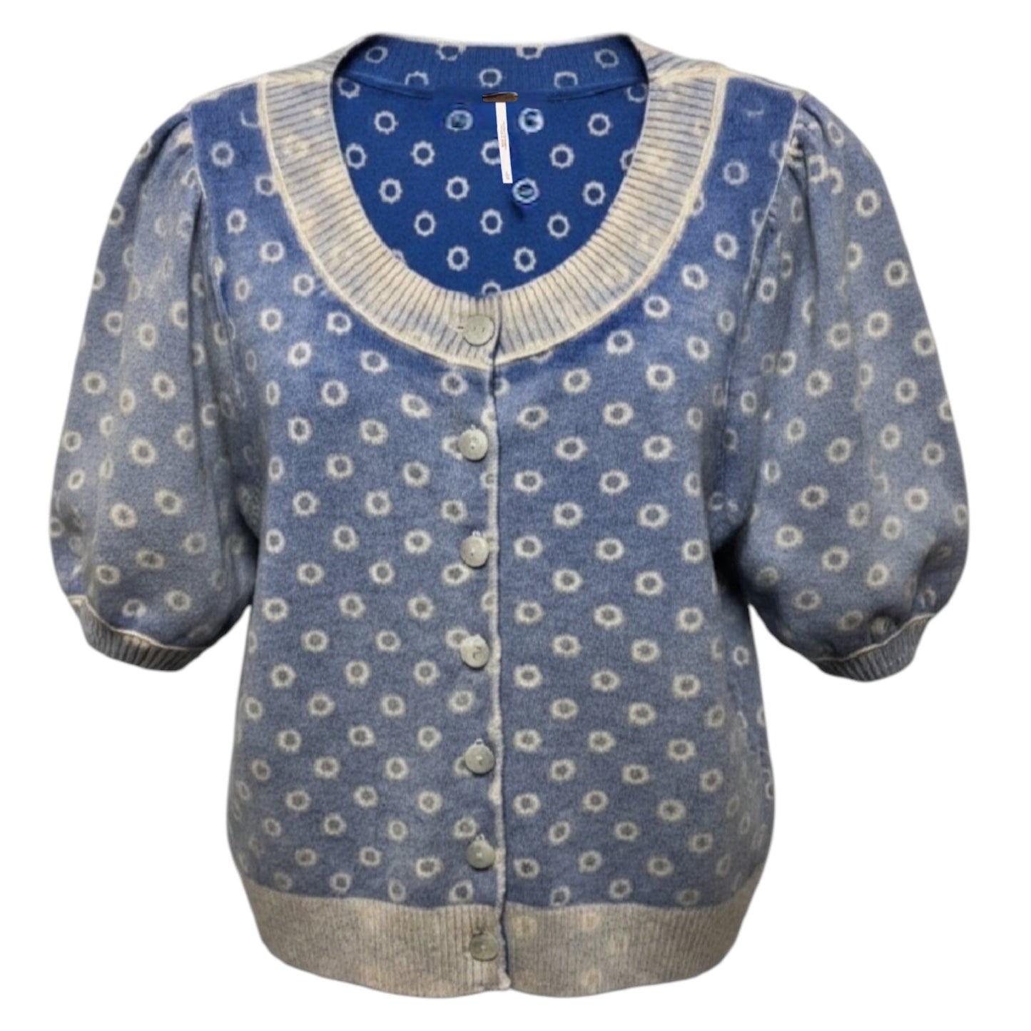 Isla Puff Sleeve Crop Wool & Cashmere Blend Cardigan By Free People In Blue & Cream, Size: L