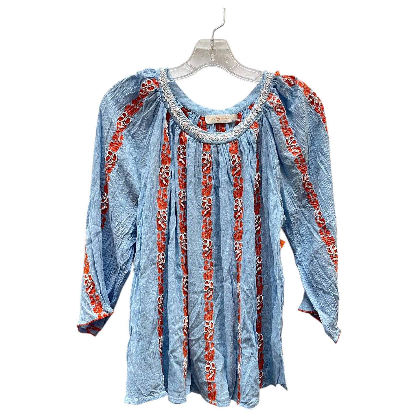 Top 3/4 Sleeve Designer By Tory Burch In Blue & Orange, Size:4