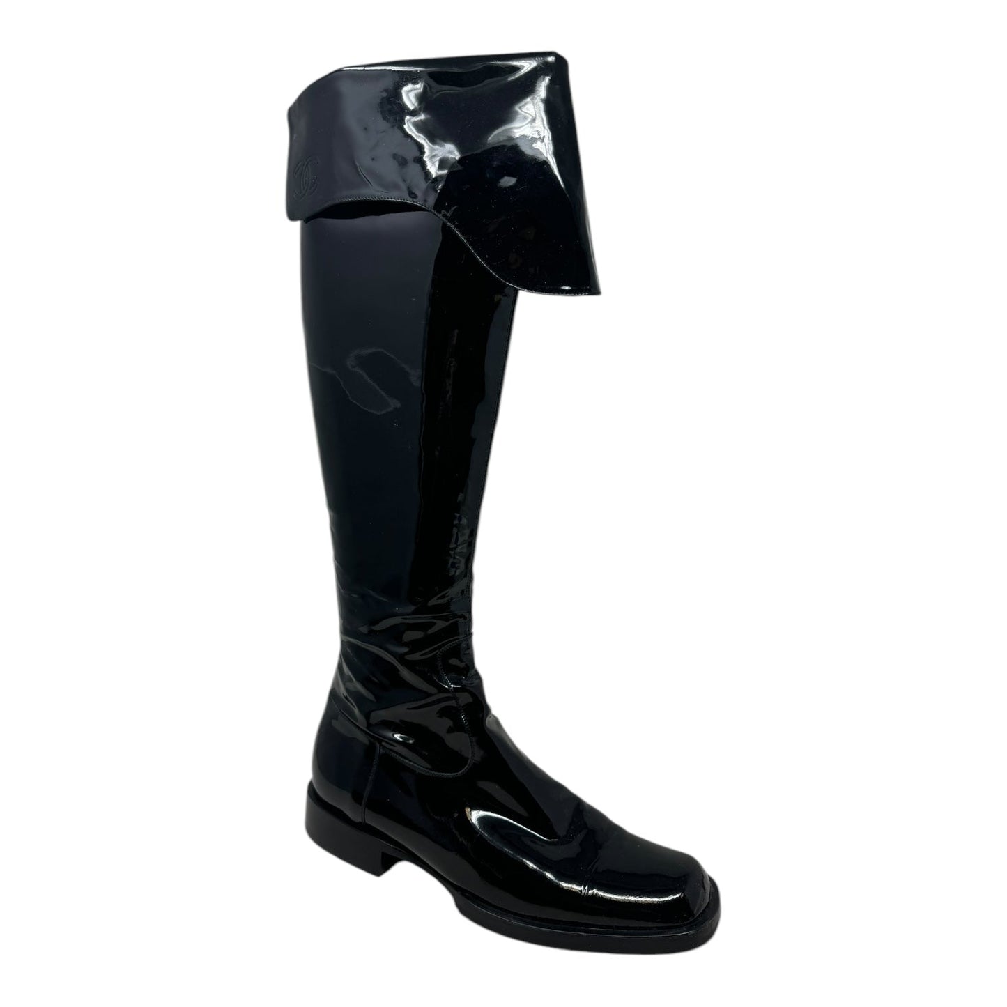 Interlocking C Foldover Patent Leather Combat Boots Luxury Designer By Chanel In Black, Size: 7.5