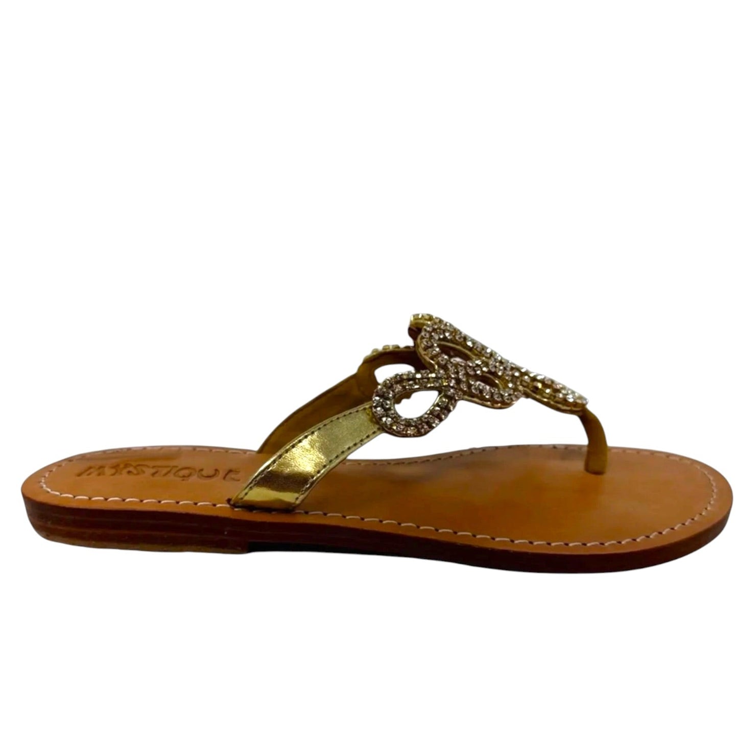 Jeweled Flip Flop Sandals By Mystique In Gold & Tan, Size: 9