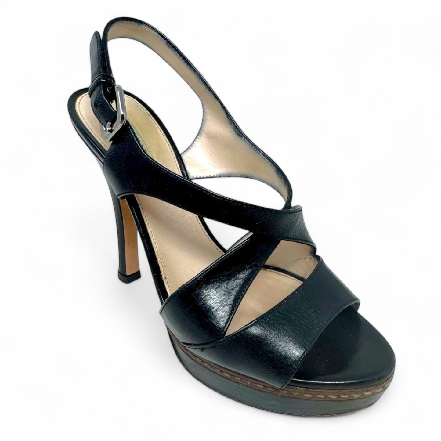 Vitello Shine Slingback Platform Sandals Luxury Designer By Prada In Black, Size: US 6.5/IT 36.5