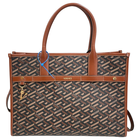 Tote Luxury Designer By Versace In Black & Brown, Size:Large