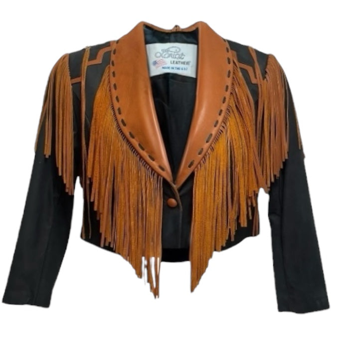 Vintage Fringe Leather Jacket By Lariat Leather In Black & Brown, Size: M