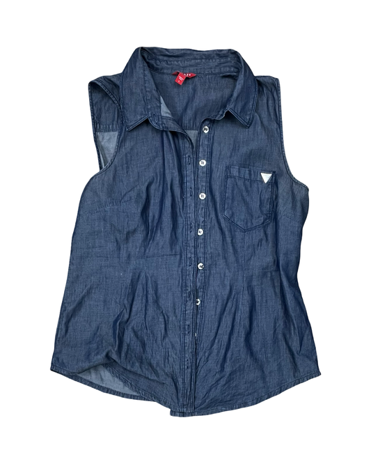 Blouse Sleeveless By Guess In Blue Denim, Size:L