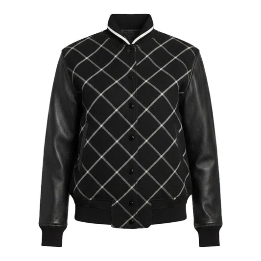 Edith' Windowpane Check Leather Sleeve Bomber Jacket By Rag And Bone In Black & White, Size: 0