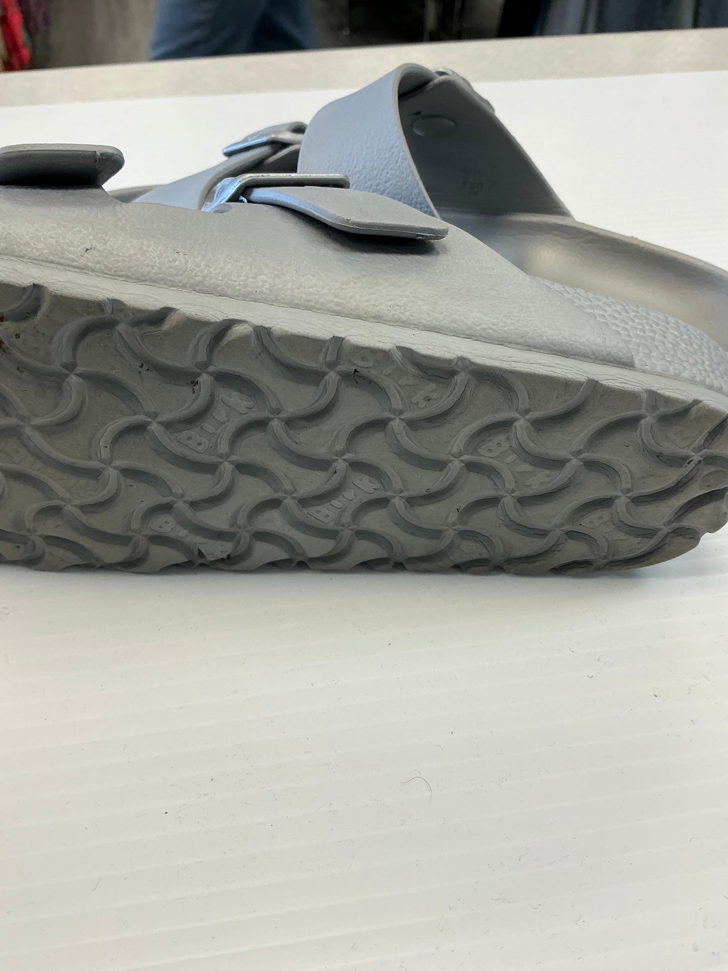 Sandals Flats By Birkenstock In Silver, Size: 5