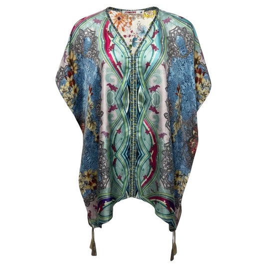 Leon Silk Printed Tassel Poncho By Johnny Was In Multi-colored, Size: 1X