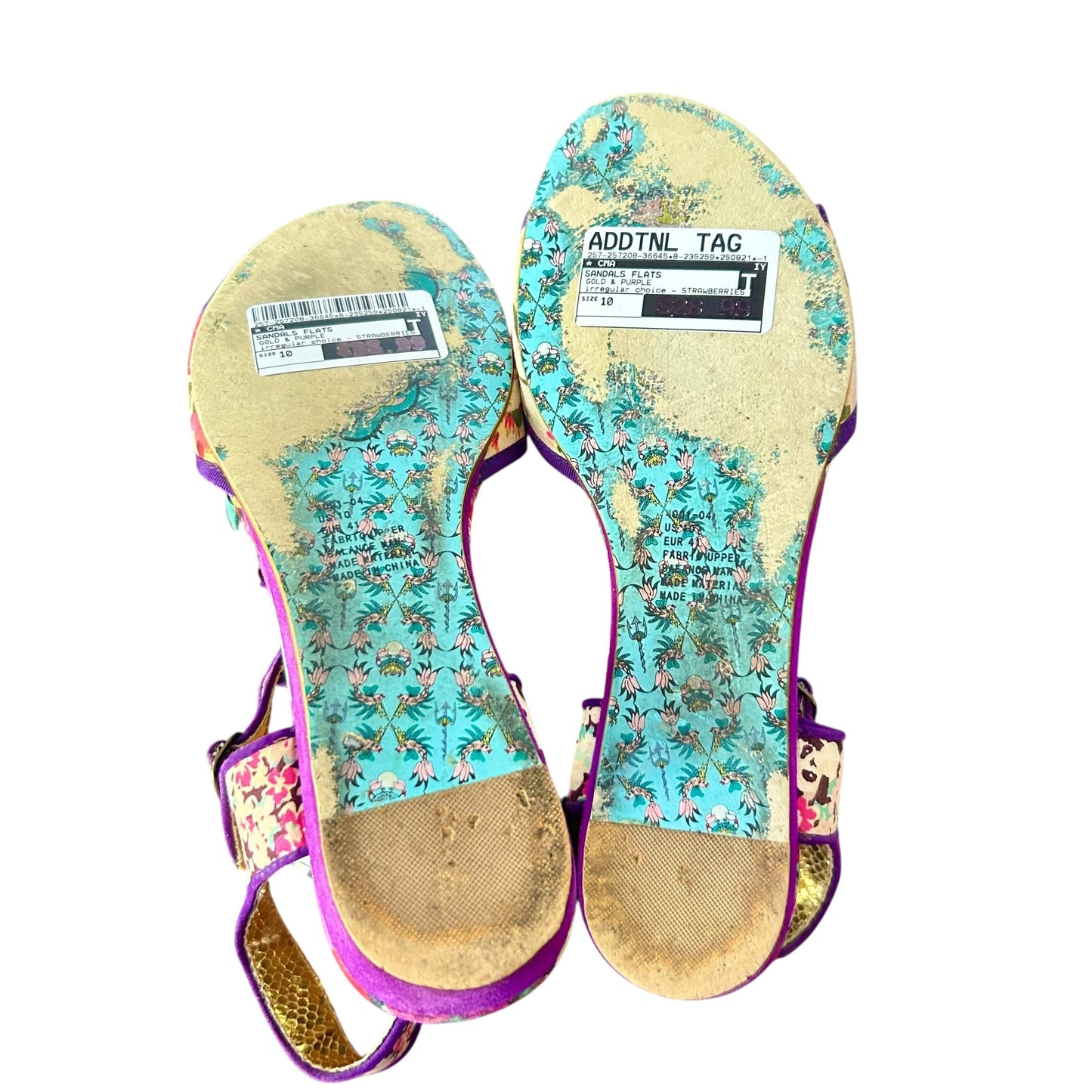 Sandals Flats By Irregular Choice In Gold & Purple, Size: 10