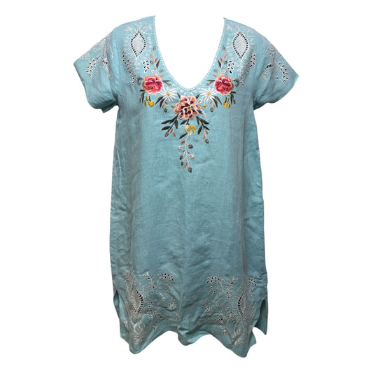 Assa Teal Blue Embroidered Linen Drape Tunic Dress By Johnny Was In Blue, Size: XS