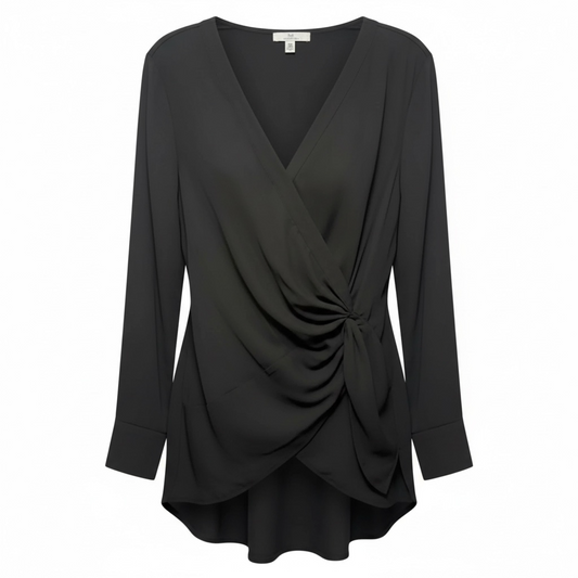 Faux Wrap Top Long Sleeve Designer By Halston In Black, Size: L