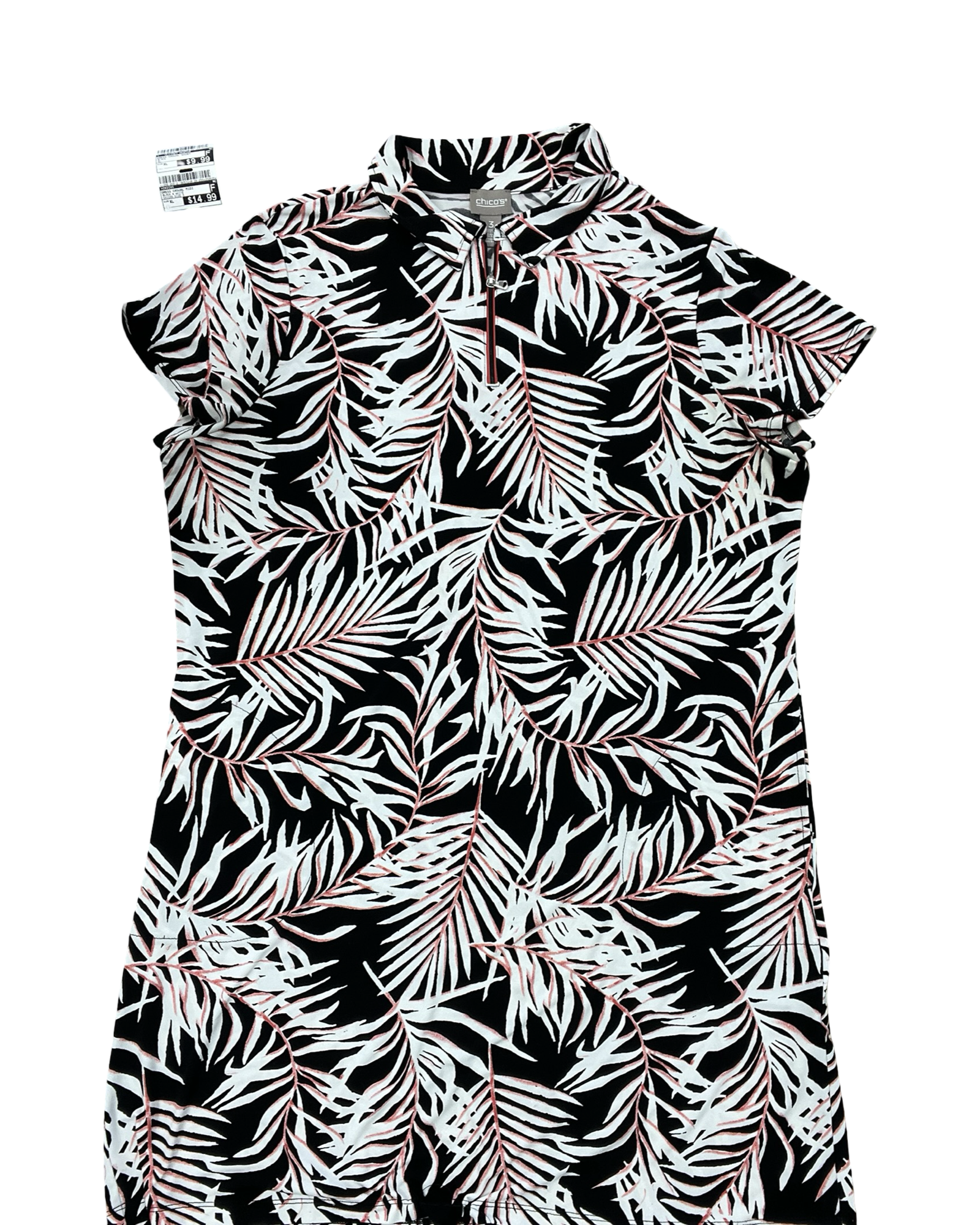chicos midi dress Chicos Alabaster Black Palm Pattern Sleeveless Back Tier Midi Dress 14 $149 New