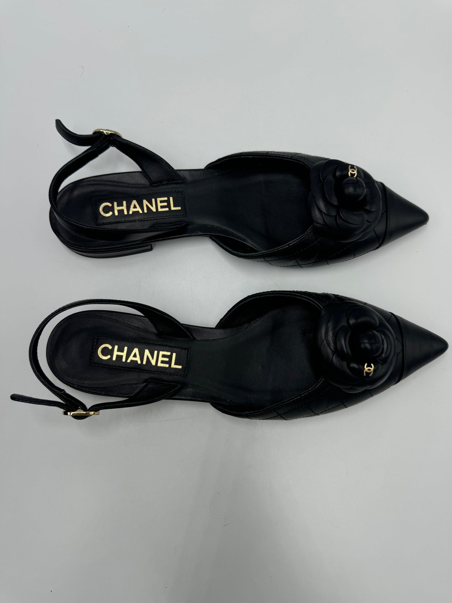 Chanel CC Camelia Slingback Leather Designer Luxury Shoes In Size: 8