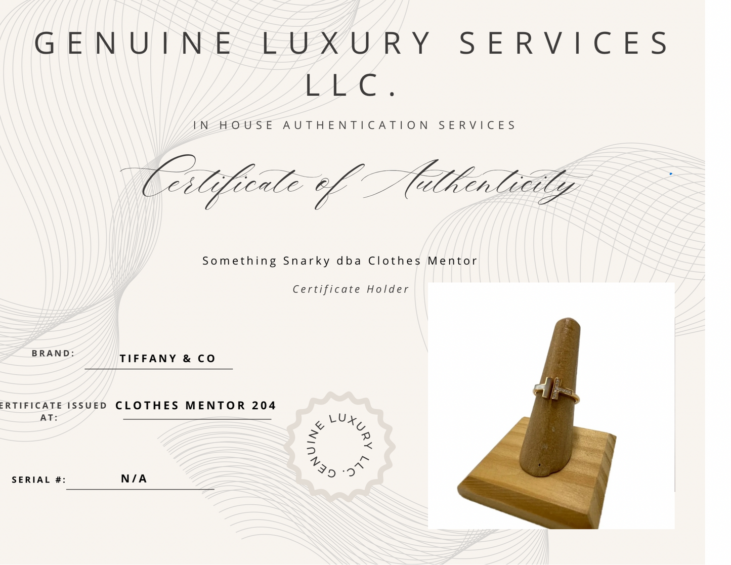 Tiffany & Company 18K T Wire Diamond Luxury Designer Ring, Size: 6.5