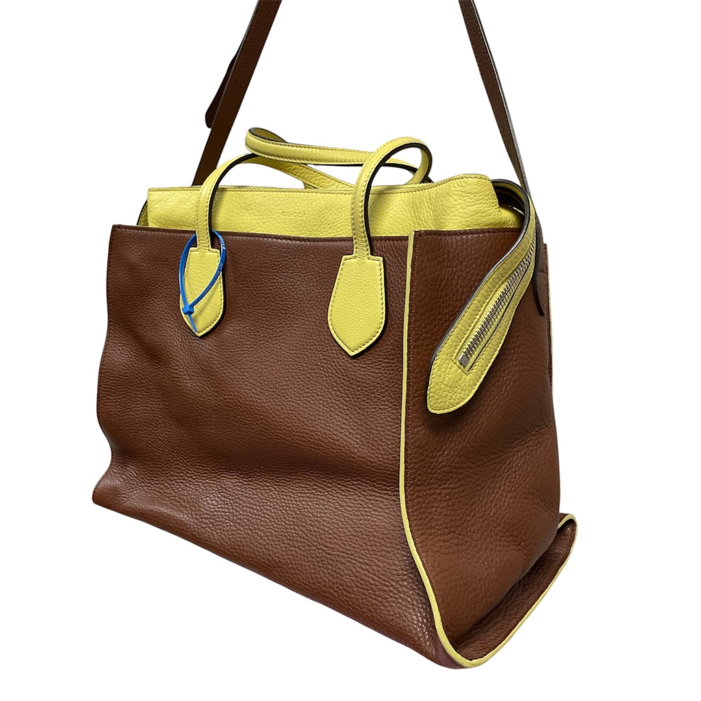 Handbag Luxury Designer By Gucci In Brown & Yellow, Size:Large