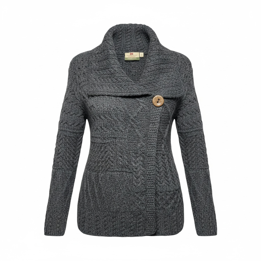 Merino Wool One Button Patchwork Cardigan Sweater with Collar By Carraigdon In Grey, Size: L