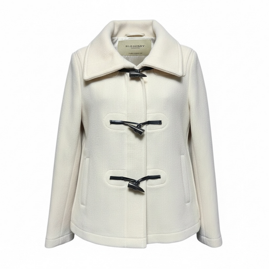 Wool Short Toggle Closure Duffle Jacket Luxury Designer By Burberry In Cream, Size: 8
