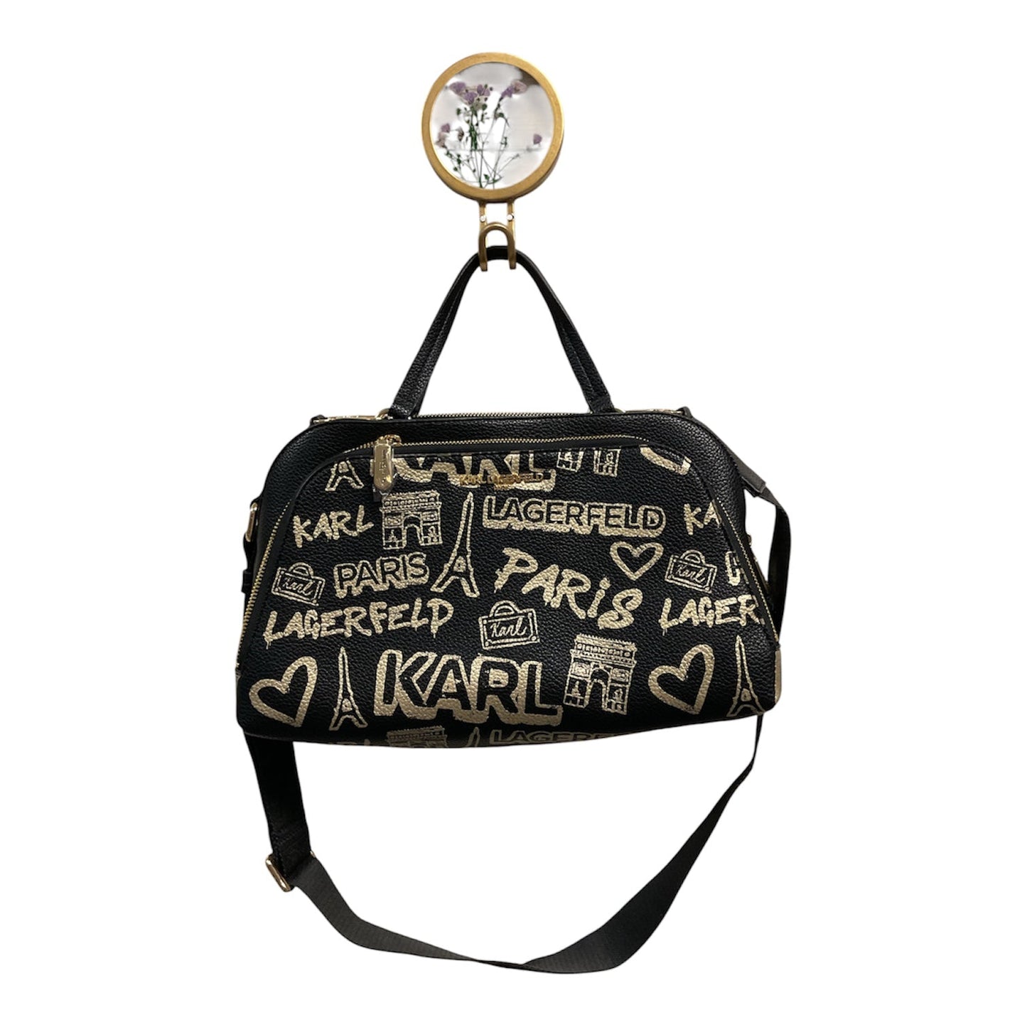 Handbag Designer By Karl Lagerfeld In Black & Gold, Size:Medium