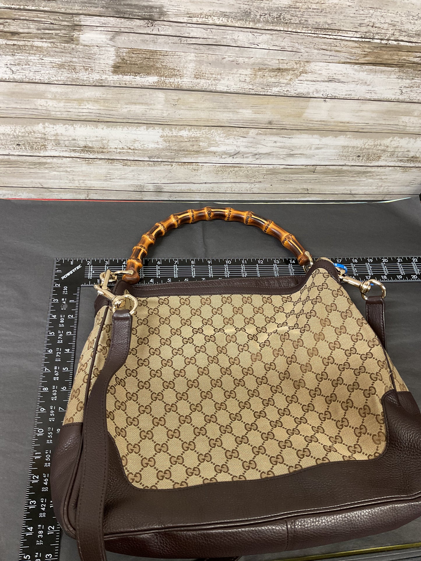 Handbag Luxury Designer By Gucci In Brown & Cream, Size:Large