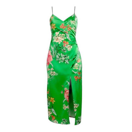 Remarkable Entrance Green Floral Print Satin Midi Dress By Lulus In Floral Print, Size: XS
