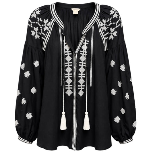 Embroidered Top Long Sleeve By Sundance In Black & White, Size: S