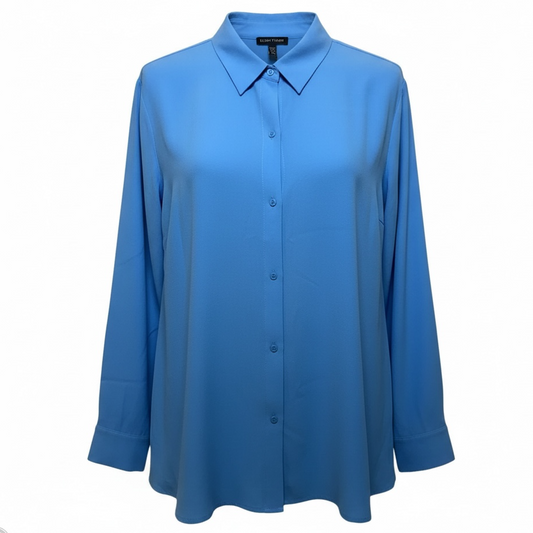 Silk Georgette Crepe Classic Collar Shirt By Eileen Fisher In Azure Blue, Size: L