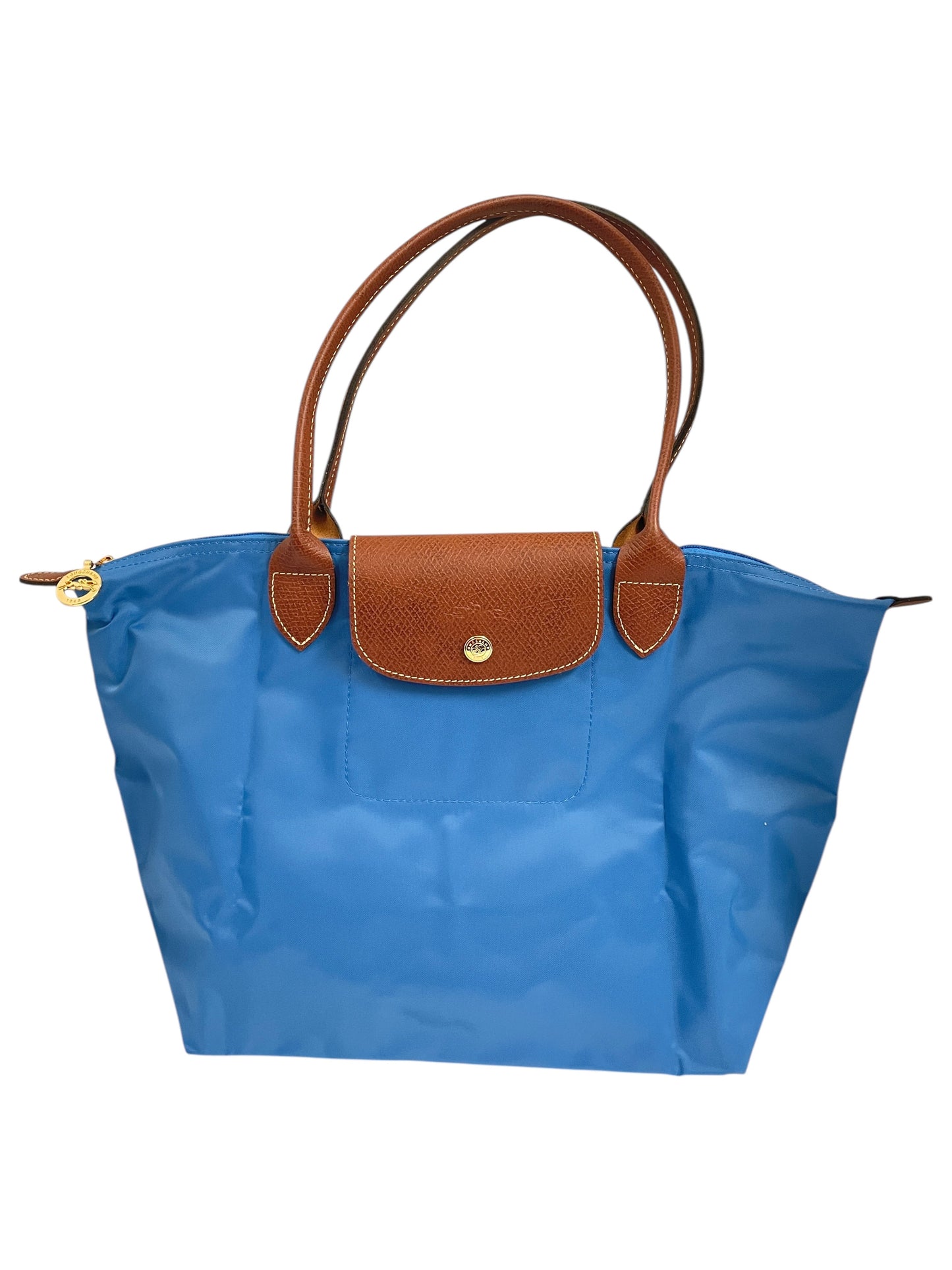 Handbag Designer By Longchamp In Blue & Brown, Size:Medium