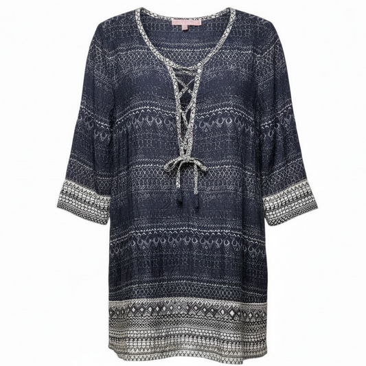 Silk Lace Up Tunic 3/4 Sleeve By Calypso St Barth In Blue & Cream, Size: S