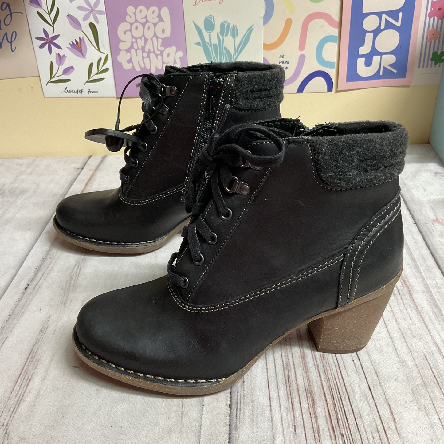 Boots Ankle Heels By Clarks In Black, Size:7.5