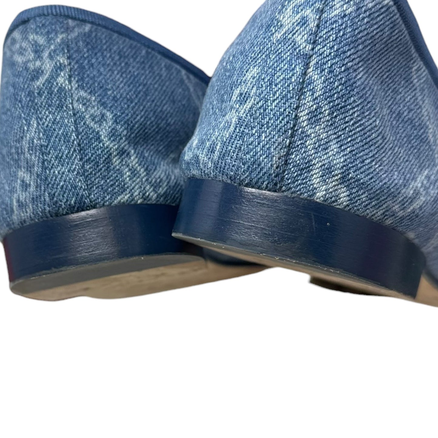 Printed Denim Cap Toe Ballerina Flats Shoes Luxury Designer By Chanel In Blue Denim, Size: 39.5