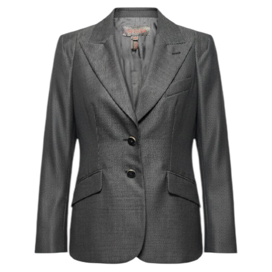 Wool Silk Blend Single Breasted 2 Button Tailored Blazer Designer By Escada In Black & White, Size: M