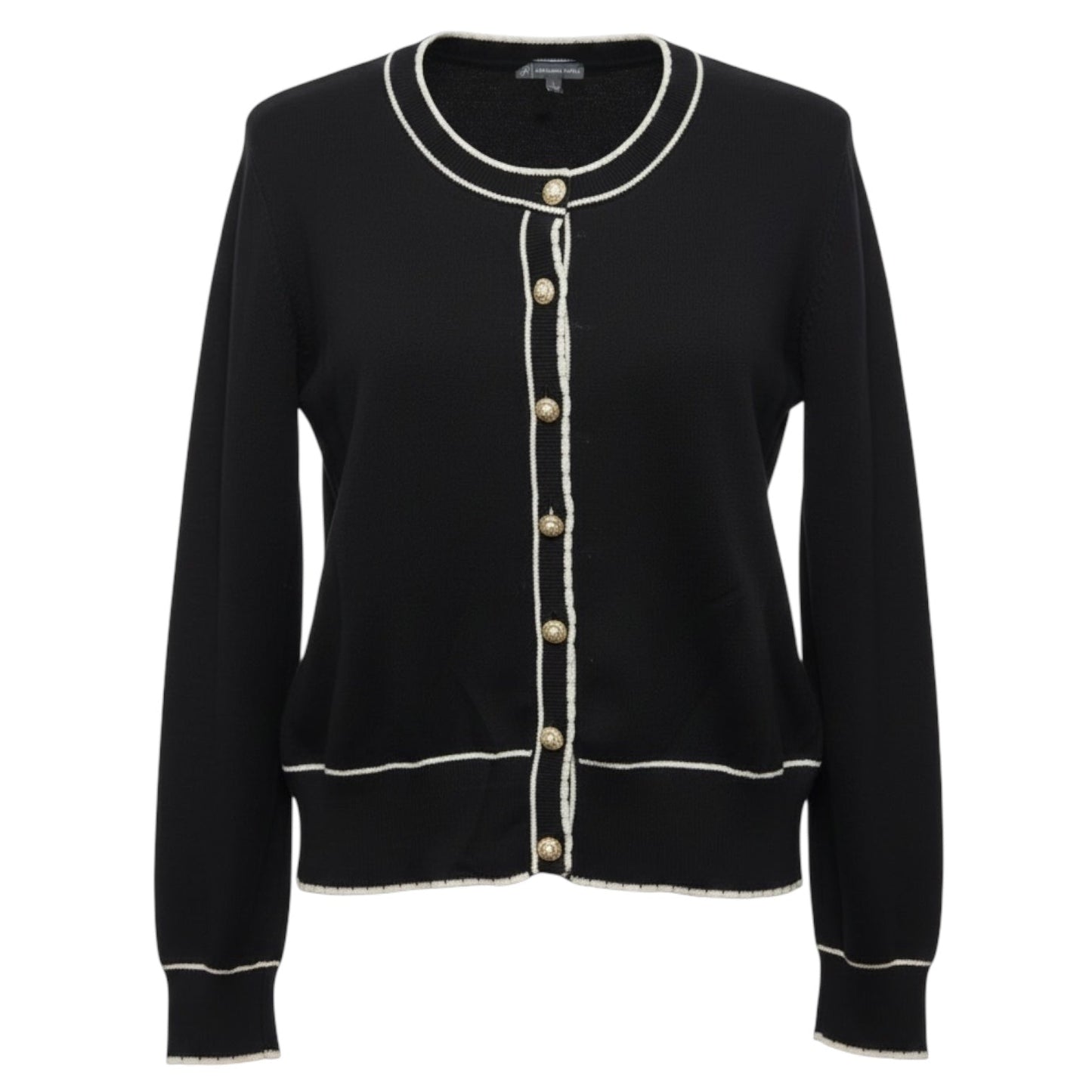 Crew Neck Cardigan Sweater With Stitch Detail By Adrianna Papell In Black & Cream, Size: L