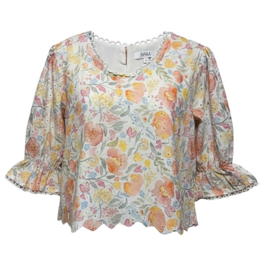 Eyelet Top Short Sleeve By Avara In Floral Print, Size: XL